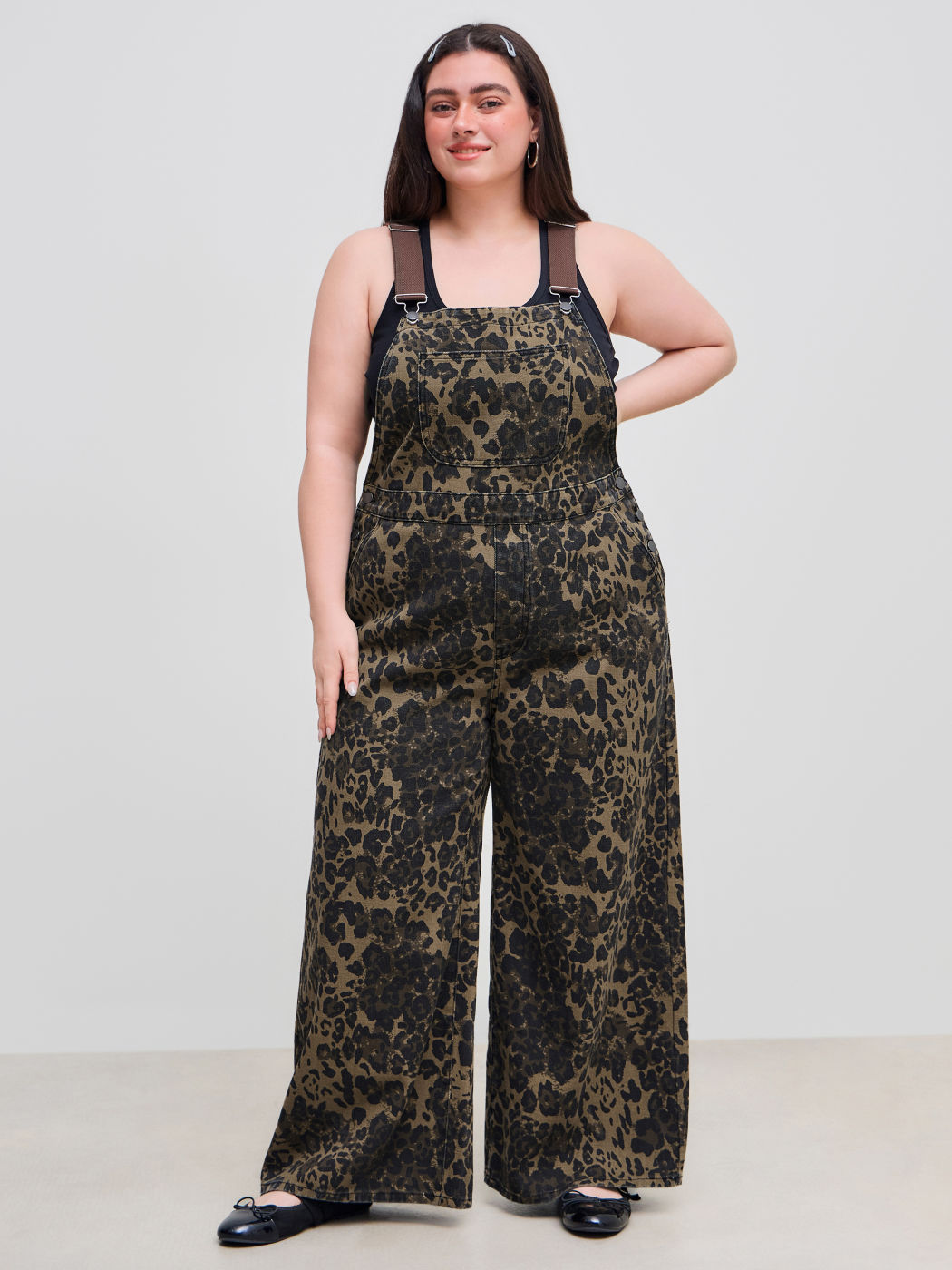 Leopard Jeans Knopf Tasche Weite Bein Overalls Kurve & Plus