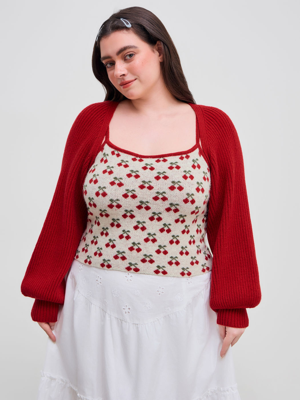 Jacquard Square Neck Cherry Cami Top & Knit Solid Cardigan Curve & Plus