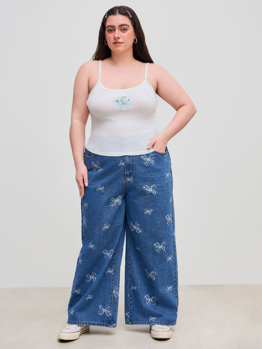 Denim Mid Rise Bowknot Print Pocket Wide Leg Jean Curve & Plus