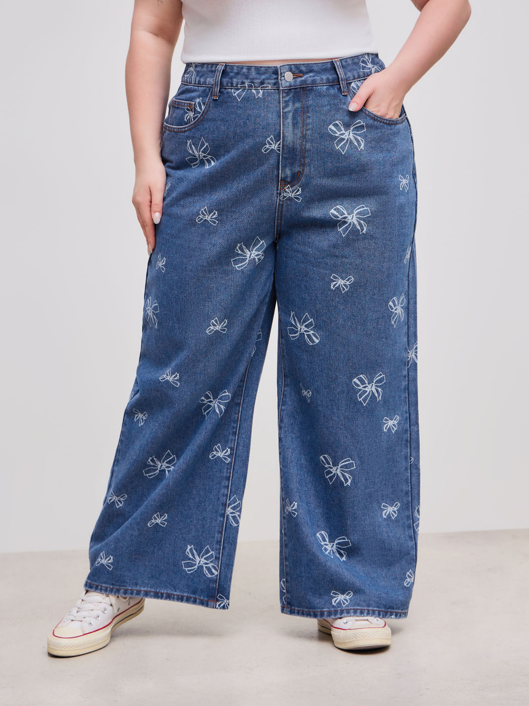 Denim Mid Rise Bowknot Print Pocket Wide Leg Jean Curve & Plus