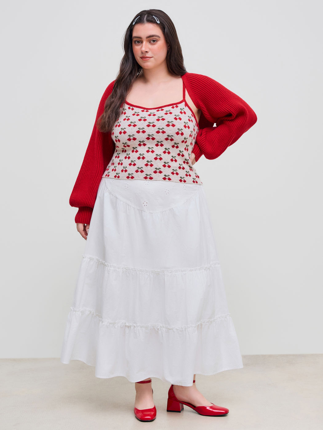 Jacquard Square Neck Cherry Cami Top & Knit Solid Cardigan Curve & Plus