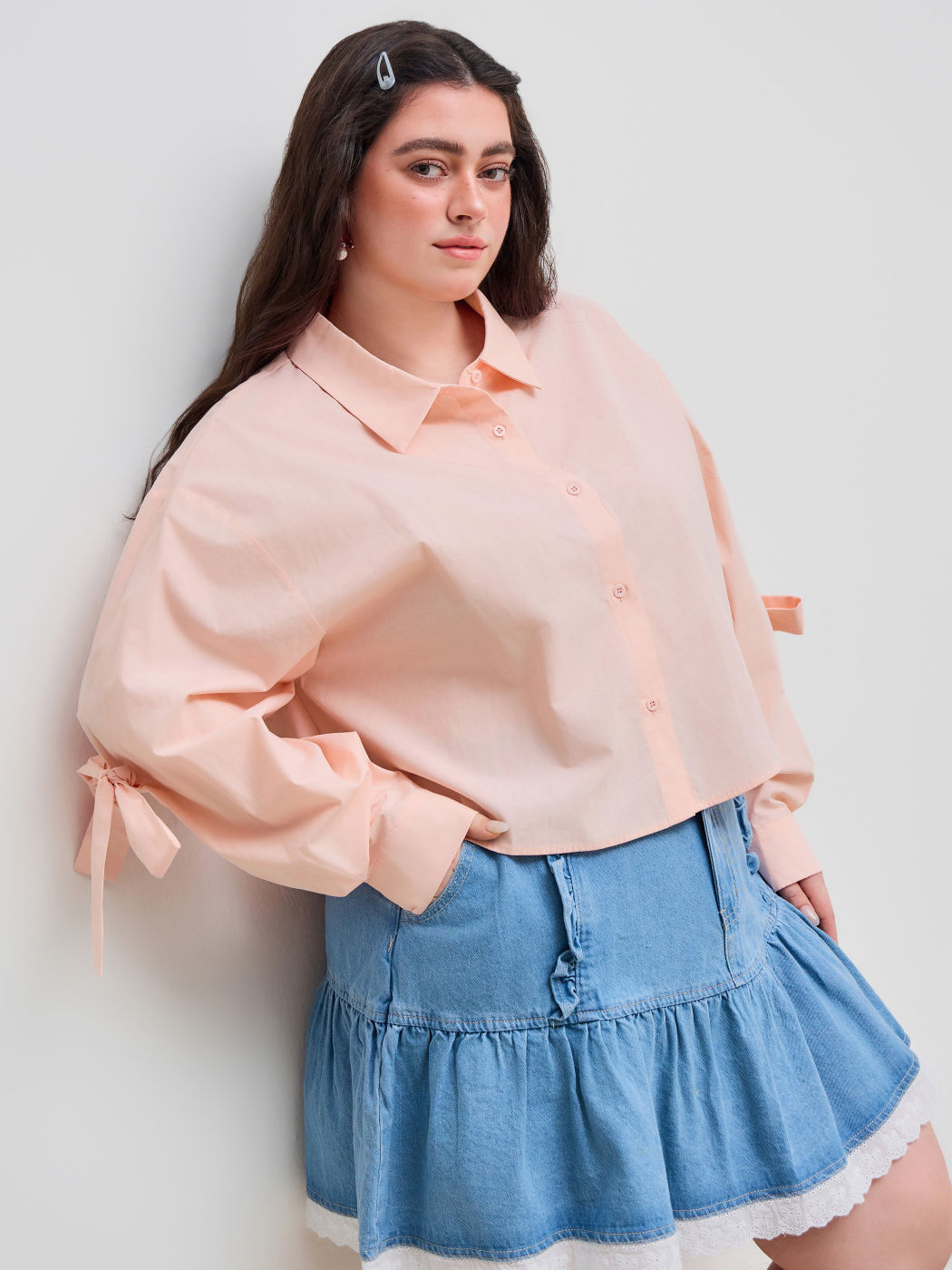 100% Cotton Collar Solid Bowknot Button Long Sleeve Shirt Curve & Plus