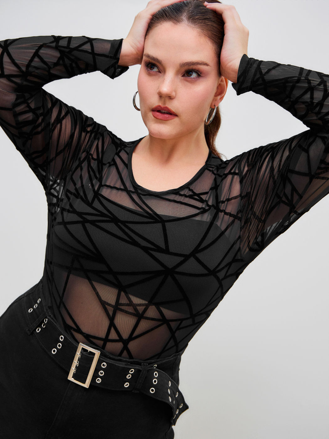 Mesh Round Neckline Geometric See-through Bodysuit Curve & Plus