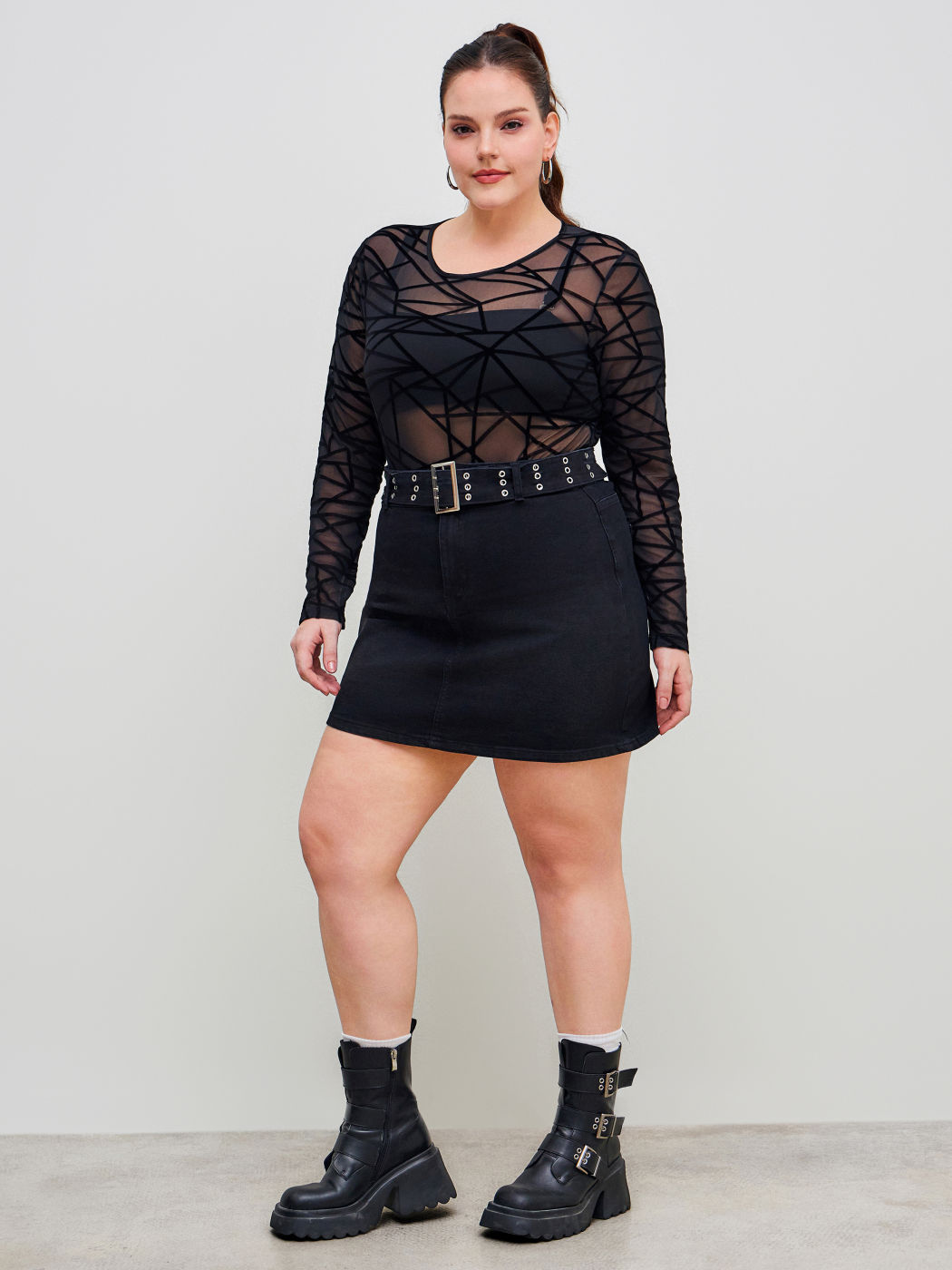 Mesh Round Neckline Geometric See-through Bodysuit Curve & Plus