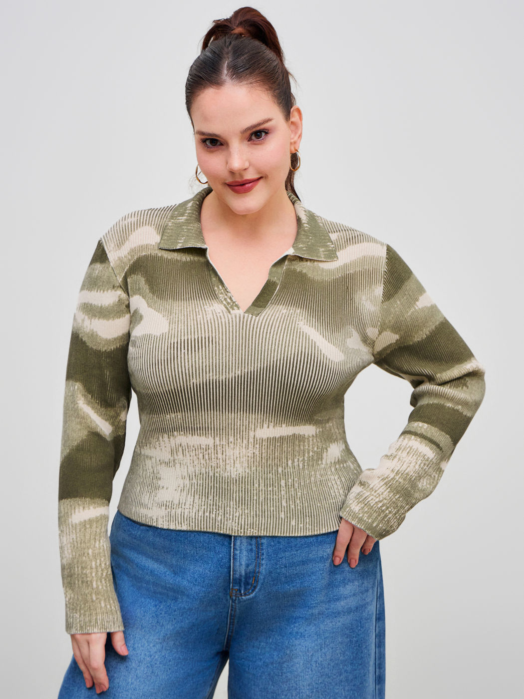Knitted Collar Abstract Colorblock Long Sleeve Sweater Curve & Plus