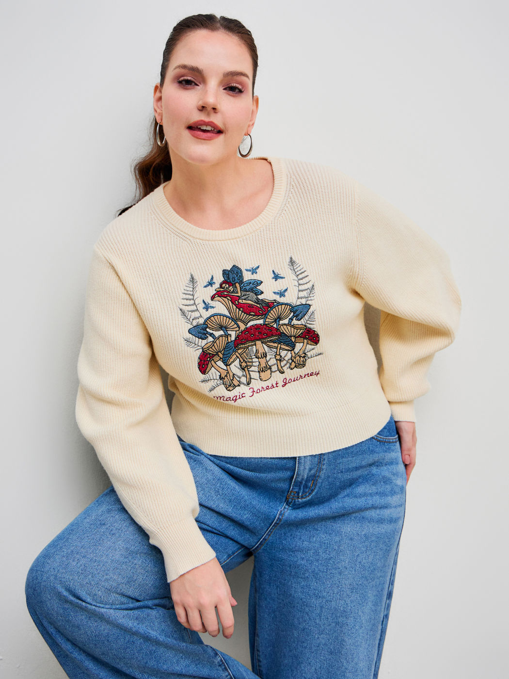 Gestrickter Rundhalsausschnitt Pilz Crop Pullover Kurve & Plus