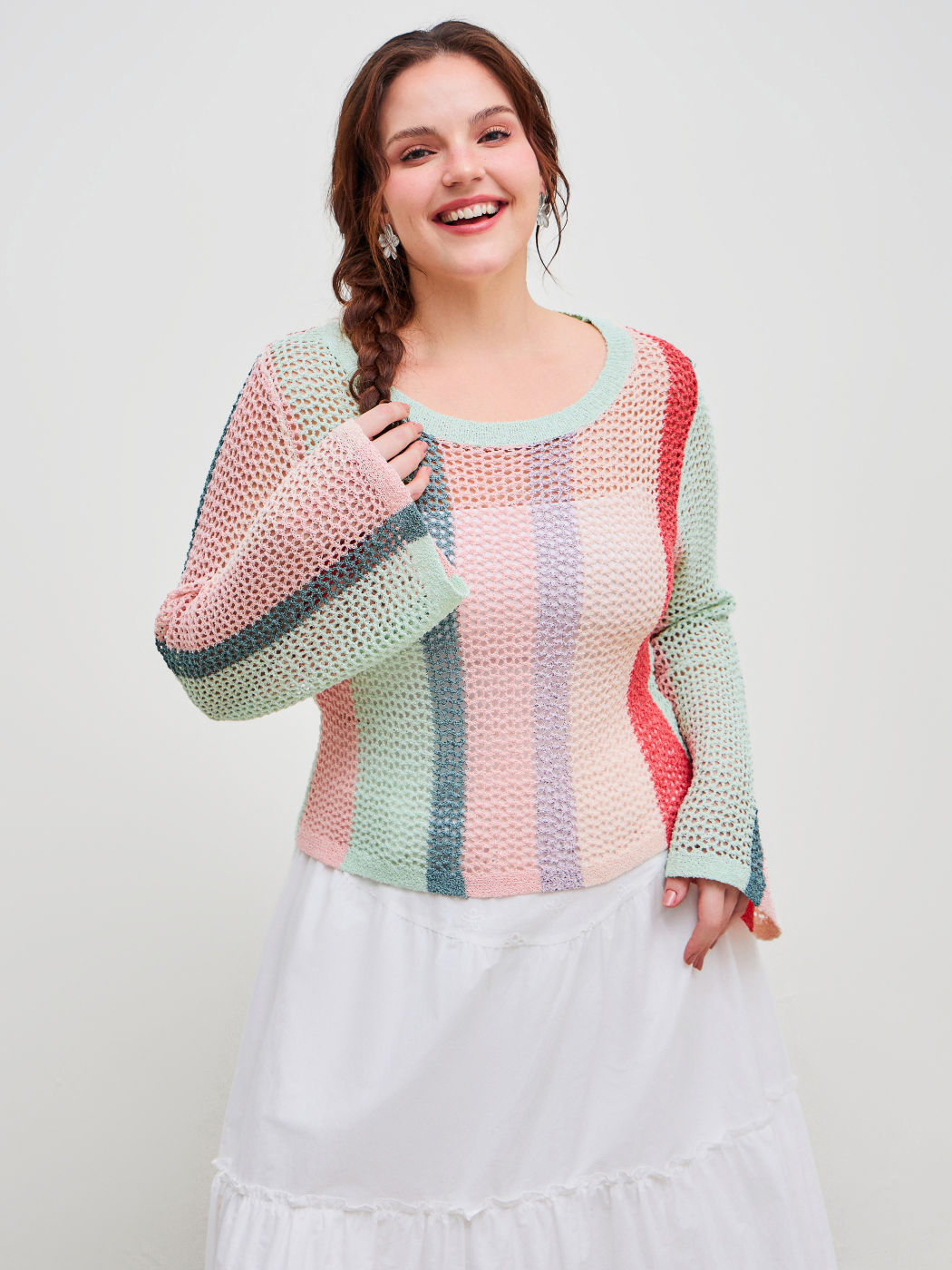 Knit Boat Neck Striped Hollow Out Crop Top Curve & Plus