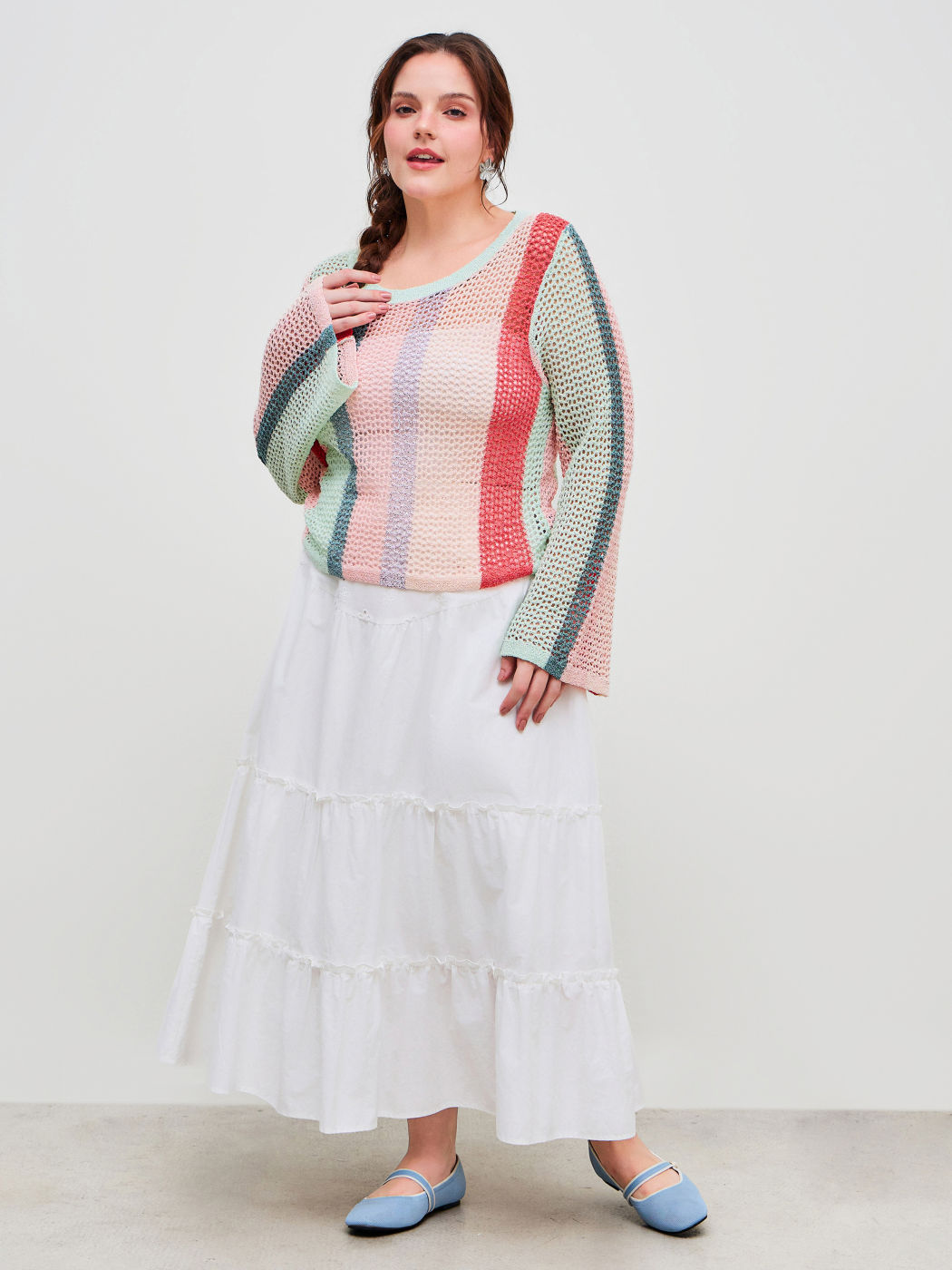 Knit Boat Neck Striped Hollow Out Crop Top Curve & Plus