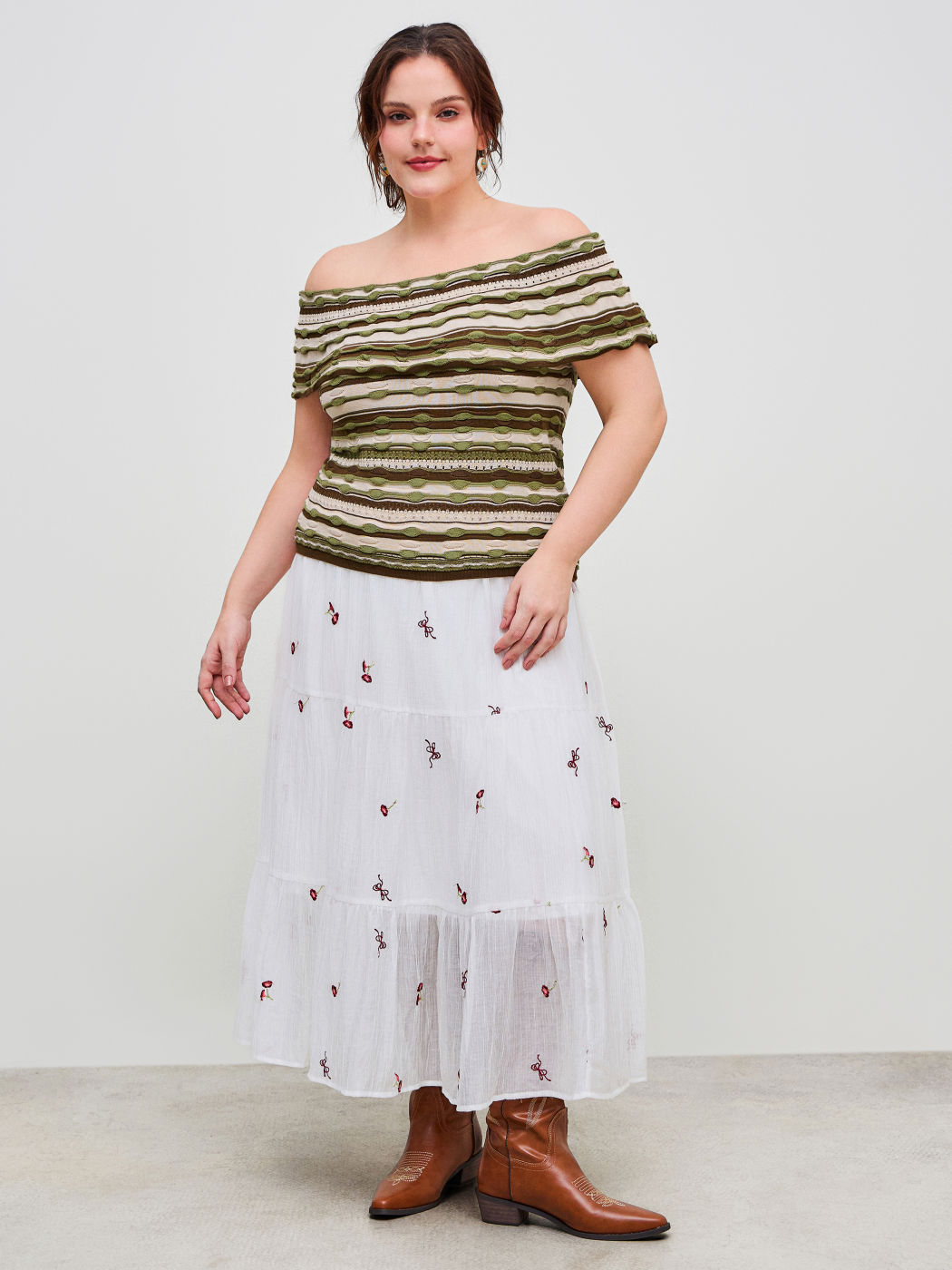 Knitted Off-shoulder Striped Short Sleeve Sweater Curve & Plus