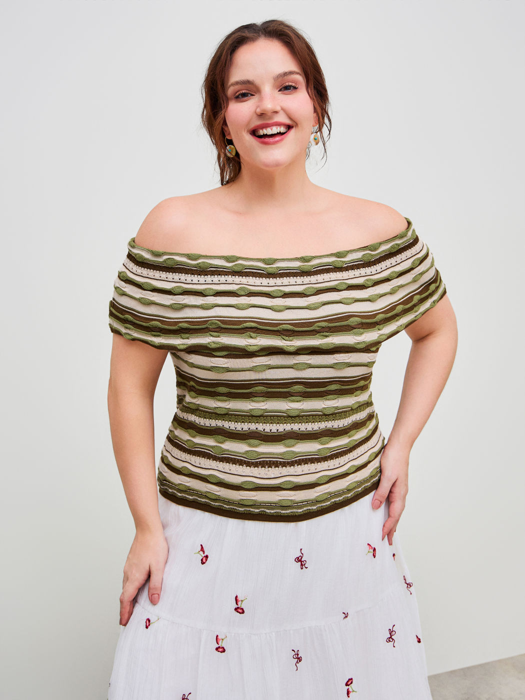 Knitted Off-shoulder Striped Short Sleeve Sweater Curve & Plus