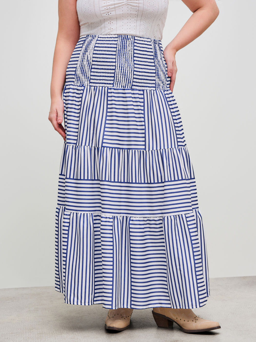 Zwei-Wege Mittelhohe Streifen Maxi-Skirt mit Shirring Kurve & Plus