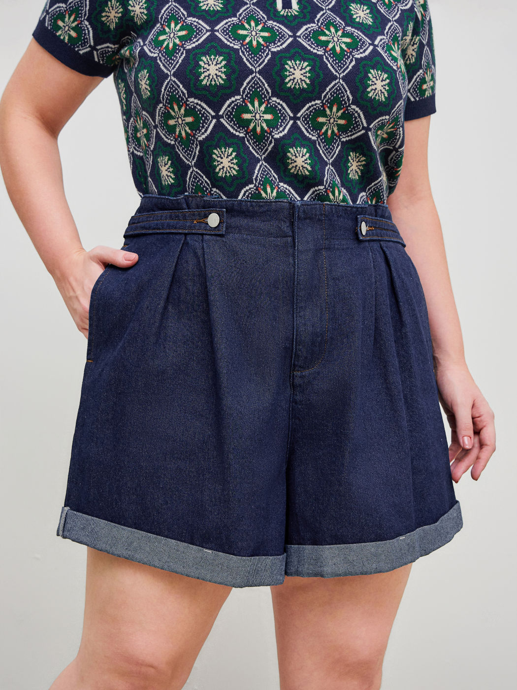 Denim Mid Rise Solid Roll Hem Button Pocket Shorts Curve & Plus