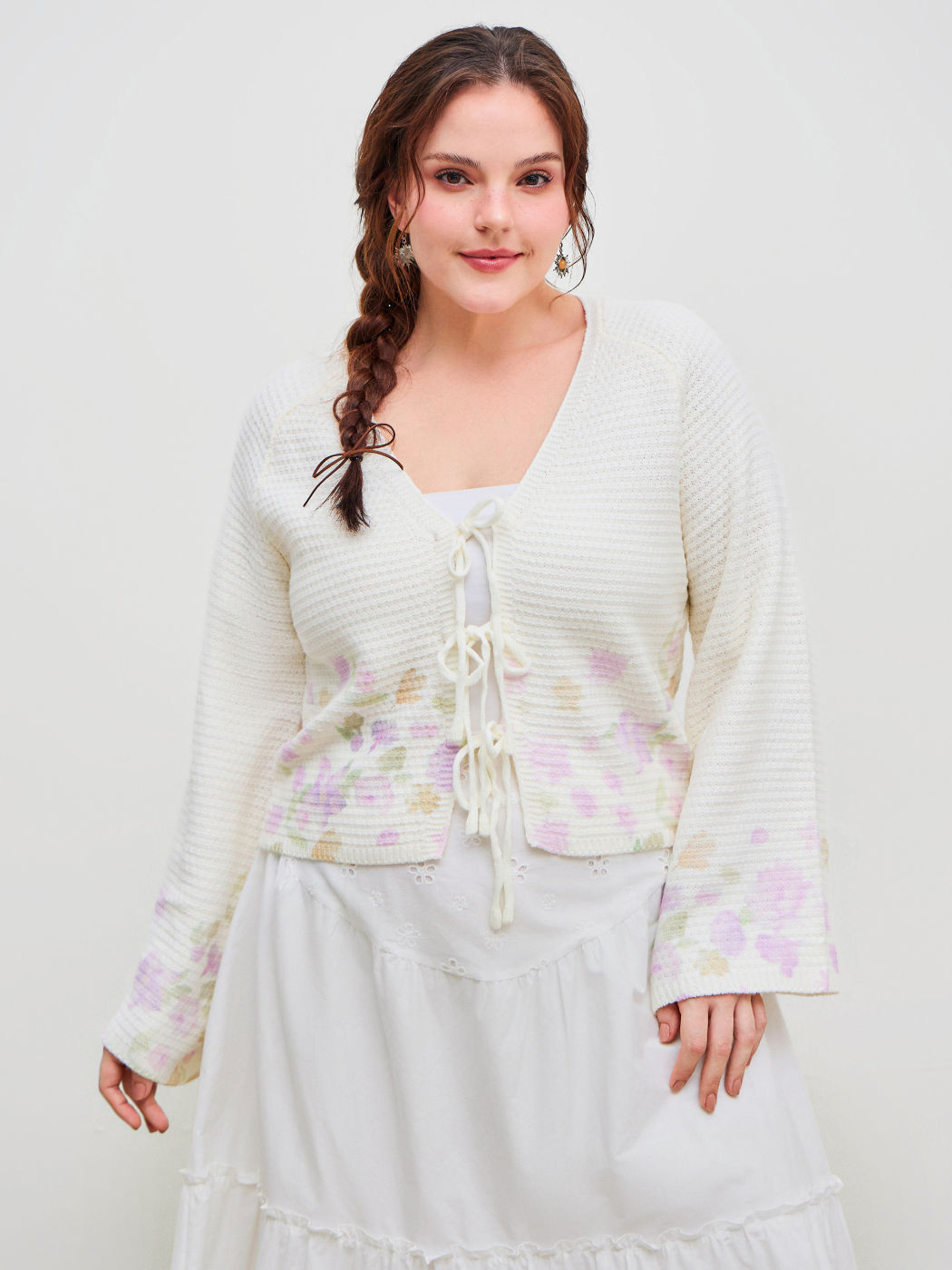 Knitted V-neck Floral Tie Front Cardigan Curve & Plus