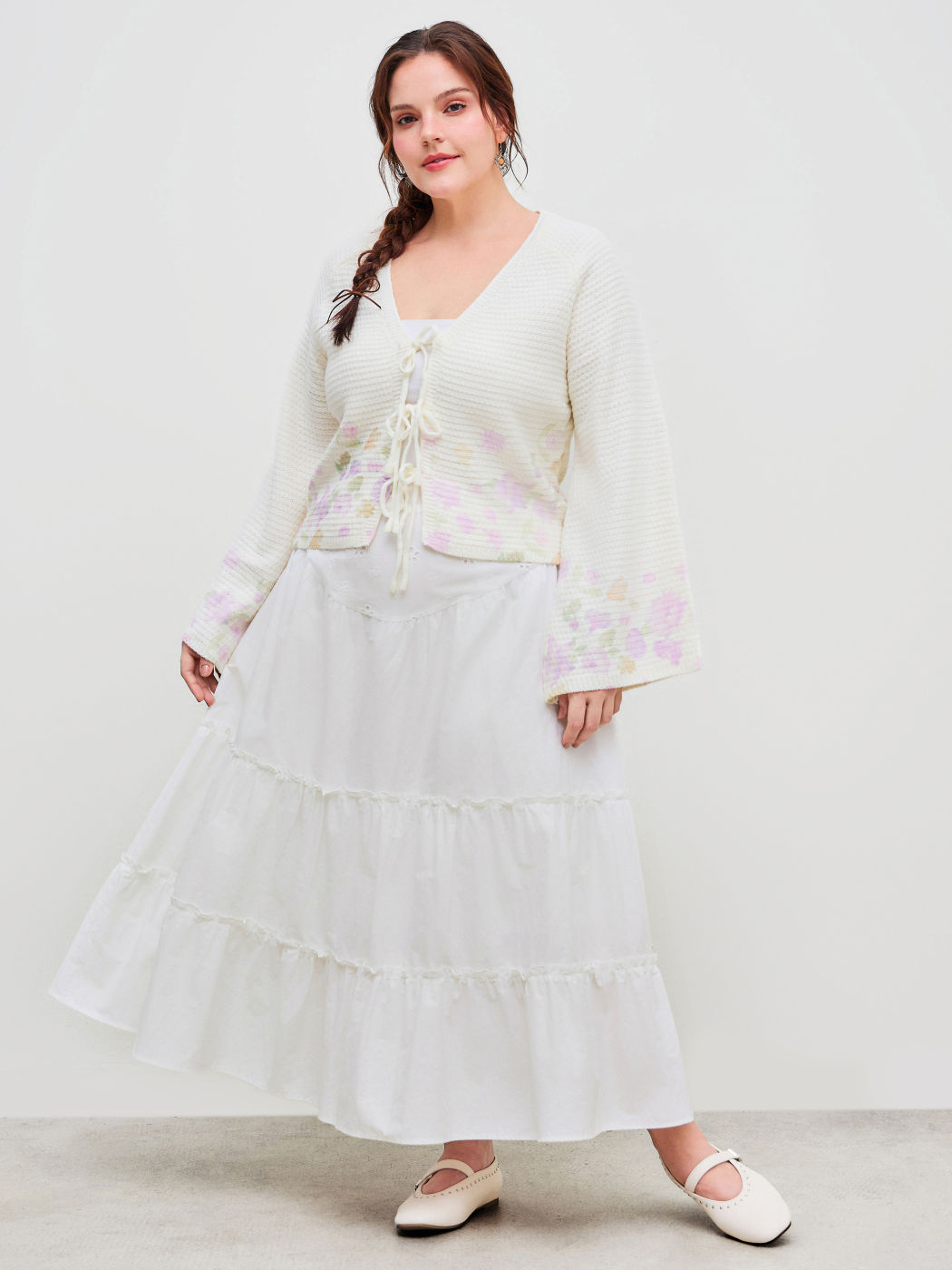 Knitted V-neck Floral Tie Front Cardigan Curve & Plus