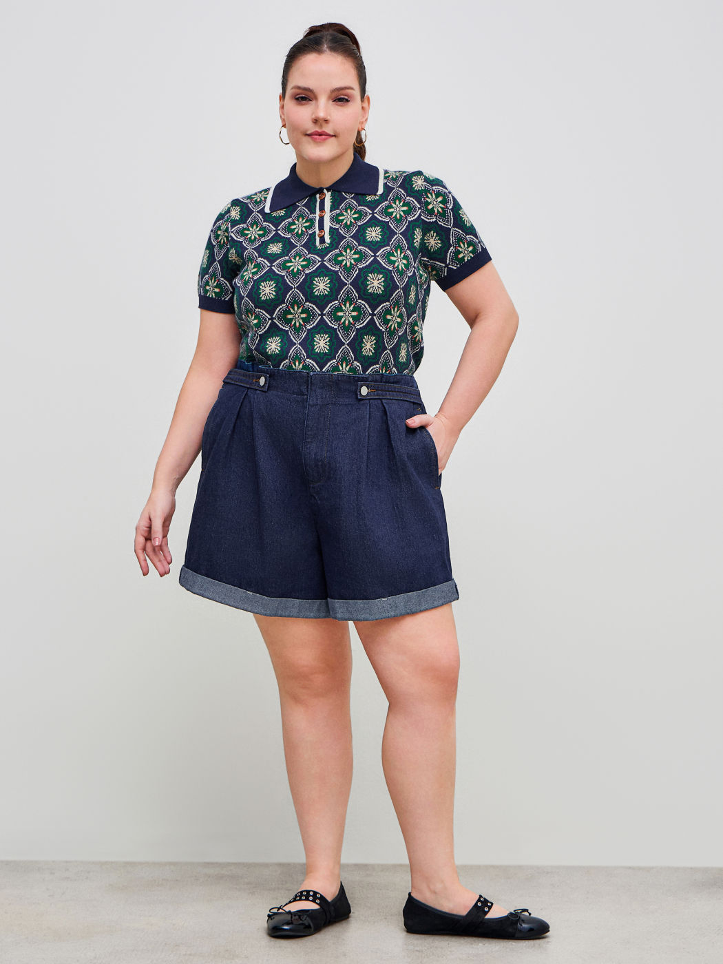 Denim Mid Rise Solid Roll Hem Button Pocket Shorts Curve & Plus