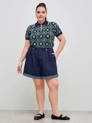 Shorts en jean taille mi-haute unie avec ourlet roulé et poches Curve & Plus