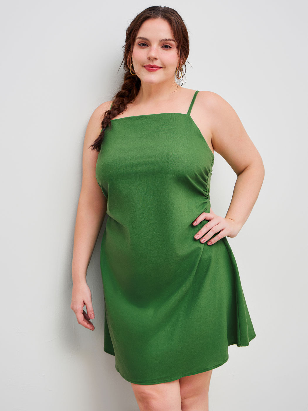 Linen Cotton Solid Ruched Zipper Mini Dress Curve & Plus