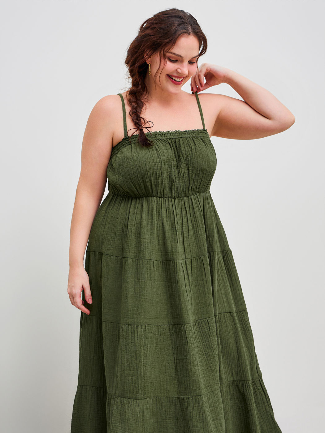 100% Cotton Square Neck Solid Tiered Ruffle Maxi Dress Curve & Plus