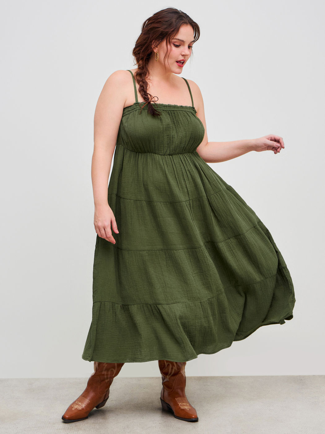 100% Cotton Square Neck Solid Tiered Ruffle Maxi Dress Curve & Plus