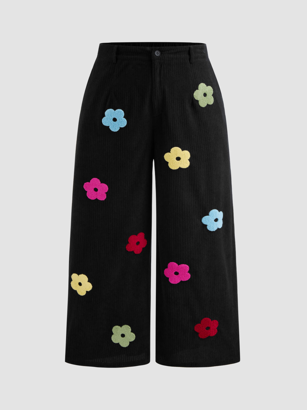 Corduroy Mid Rise Floral Pocket Wide Leg Trousers Curve & Plus