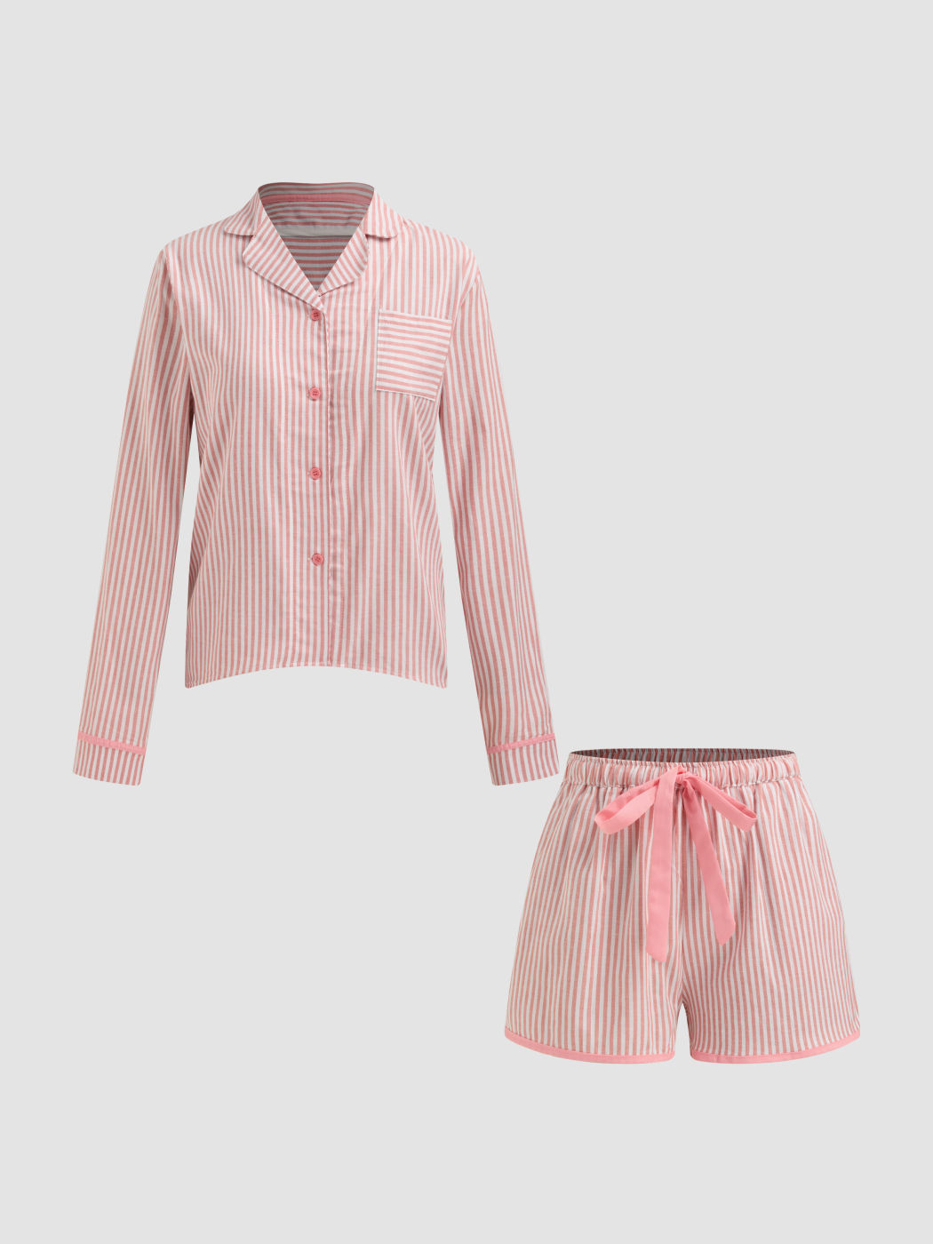Cotton-blend Collar Striped Long Sleeve Top & Knotted Shorts Loungewear Set
