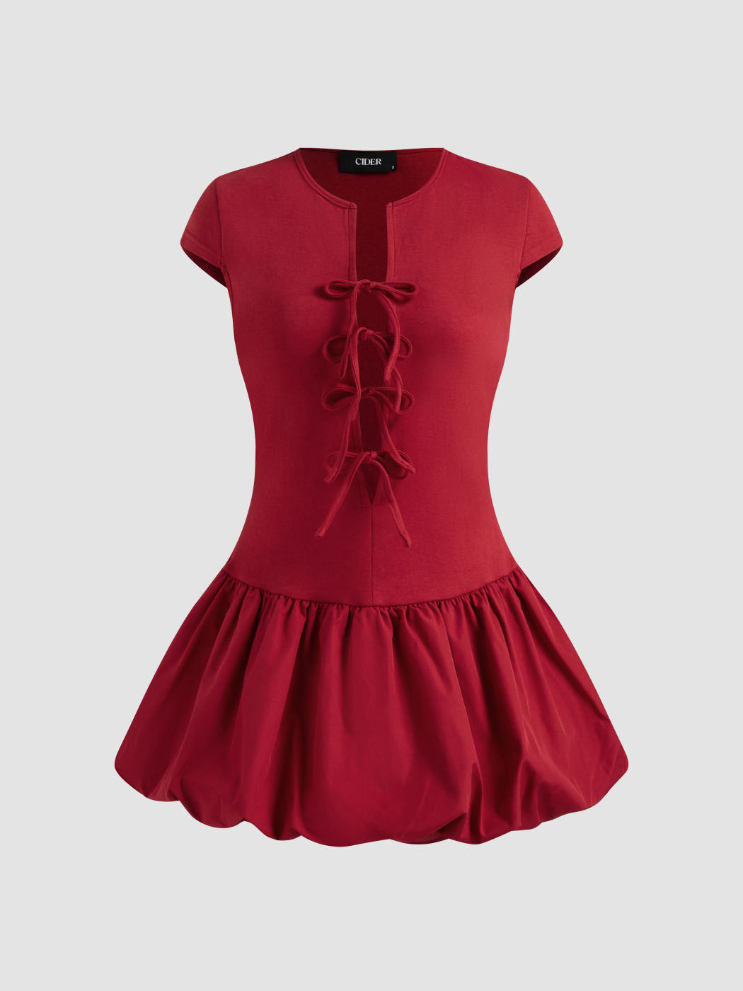Cotton-blend Round Neckline Solid Tie Front Bubble Hem Mini Dress