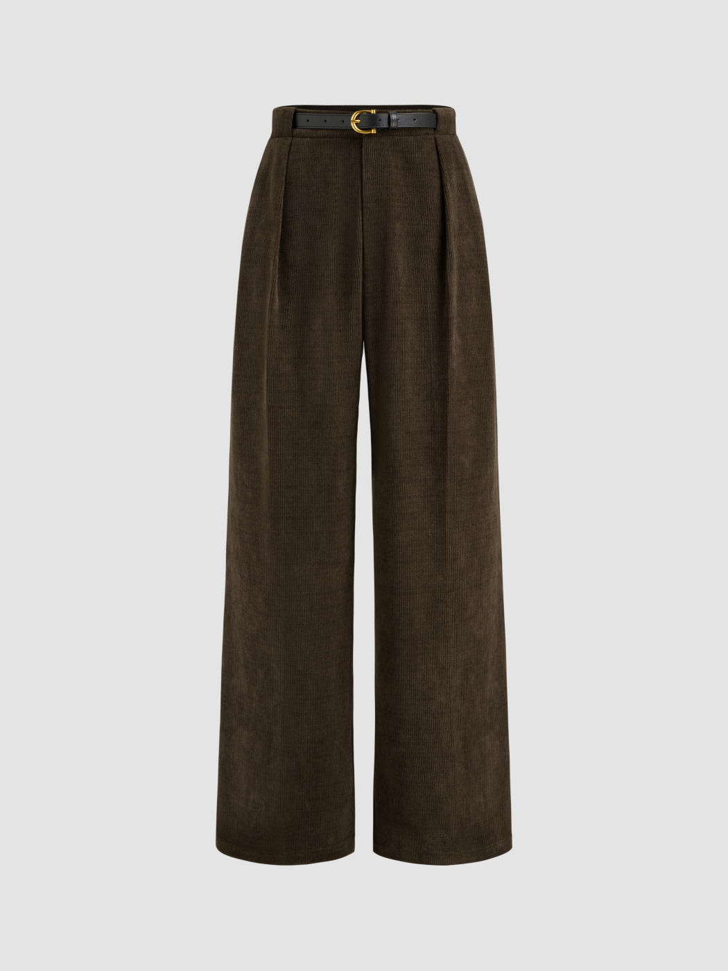 Corduroy Mid Rise Solid Pocket Straight Leg Trousers With Belt