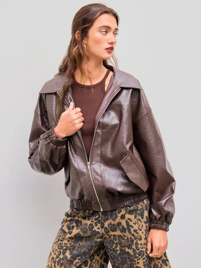 Faux Leather Faux Leather Collar Solid Pocket Oversized Biker Jacket