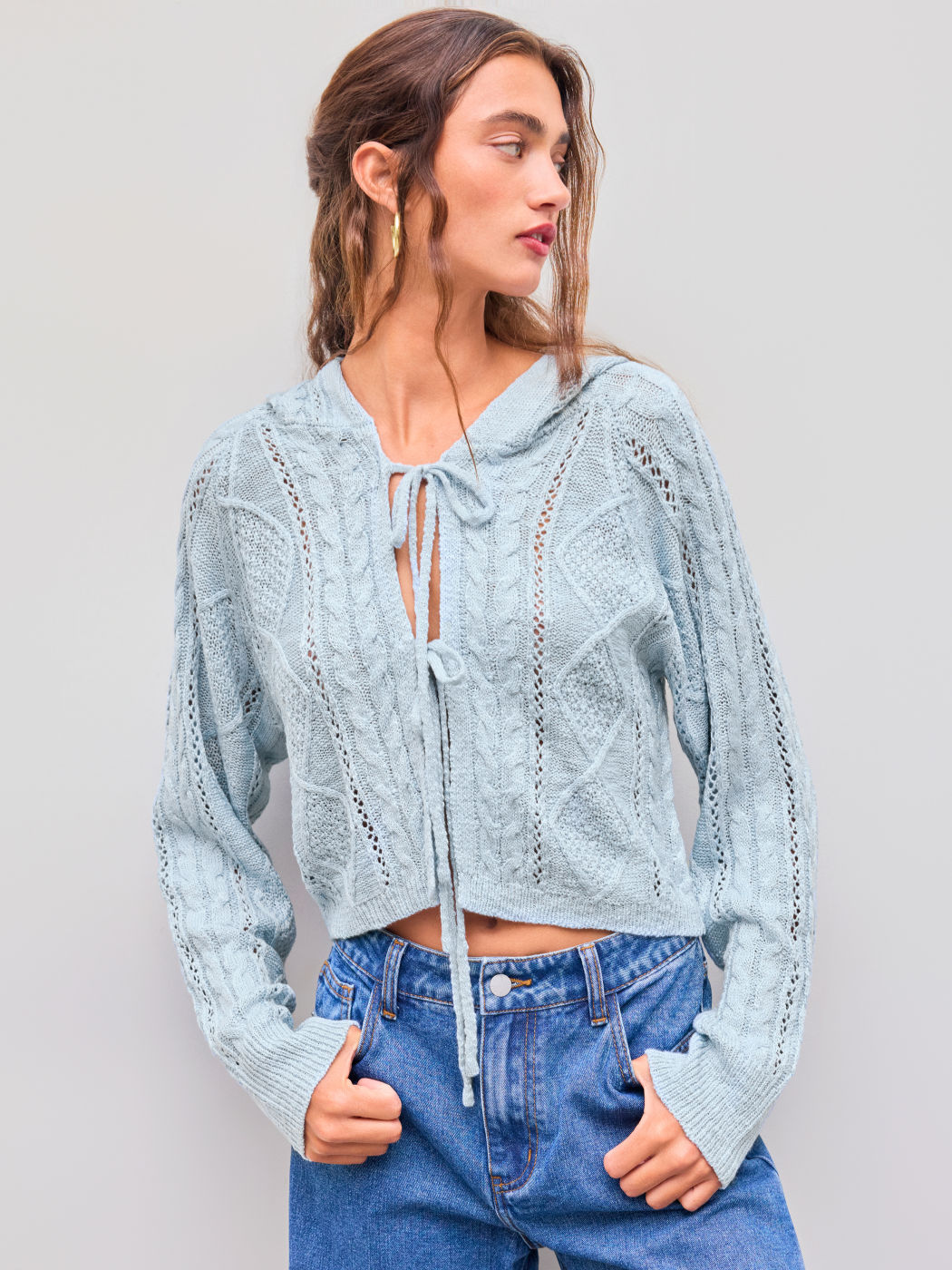 Kabelstrick Kapuzen Solid Krawatte Front Schleife Strickjacke