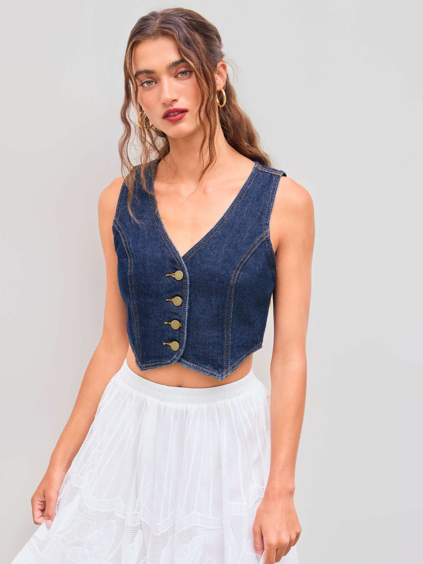 Denim V-neck Button Crop Vest