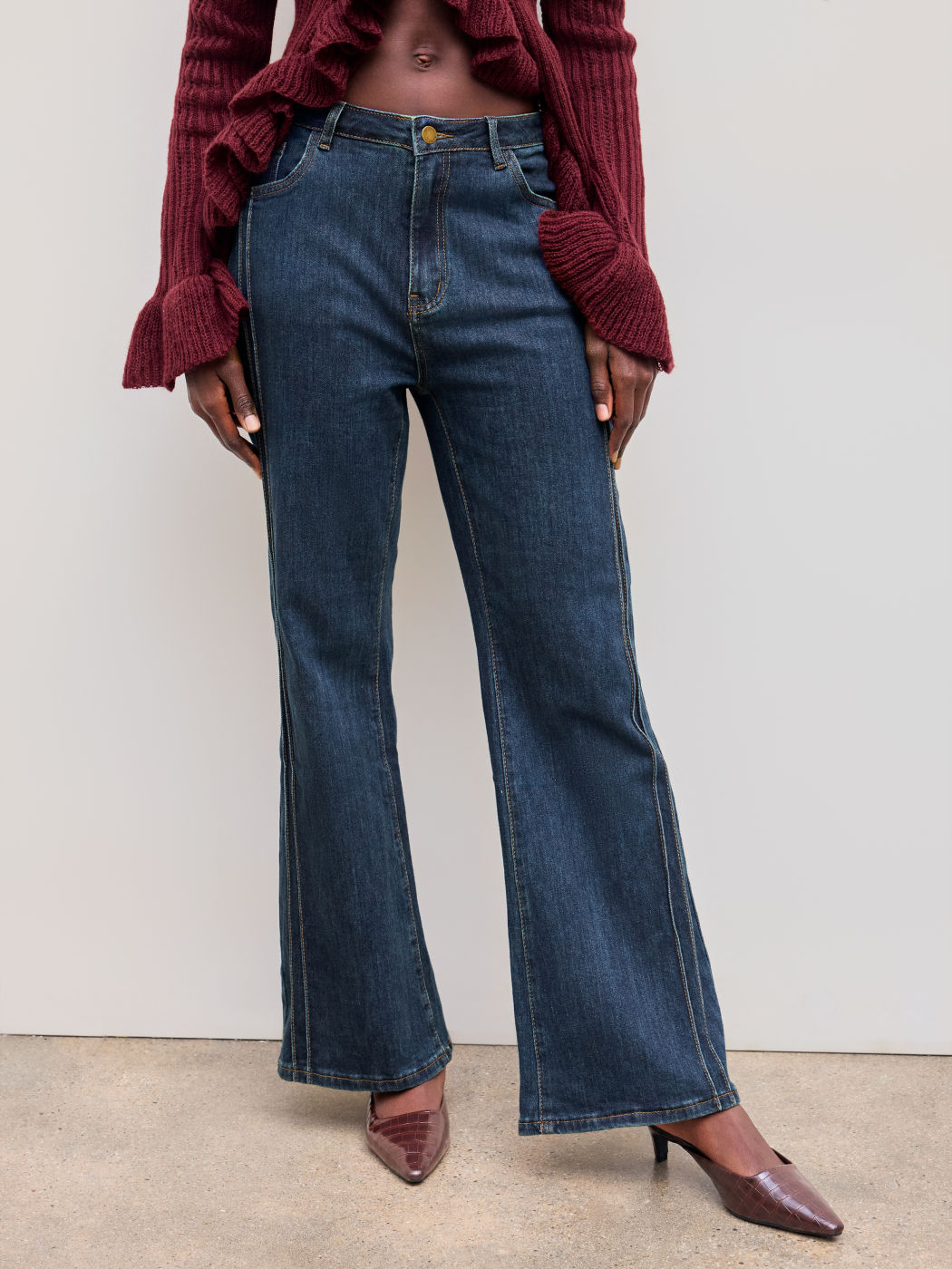 High Stretch Denim High Rise Solid Flared Jeans
