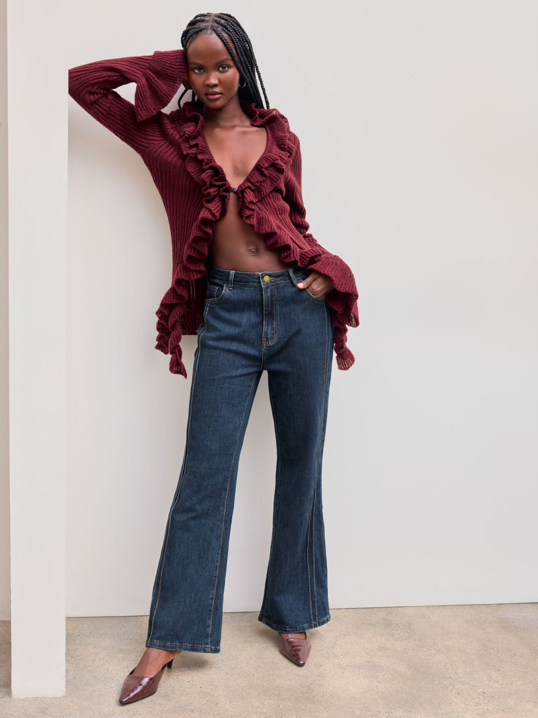 High Stretch Denim High Rise Solid Flared Jeans