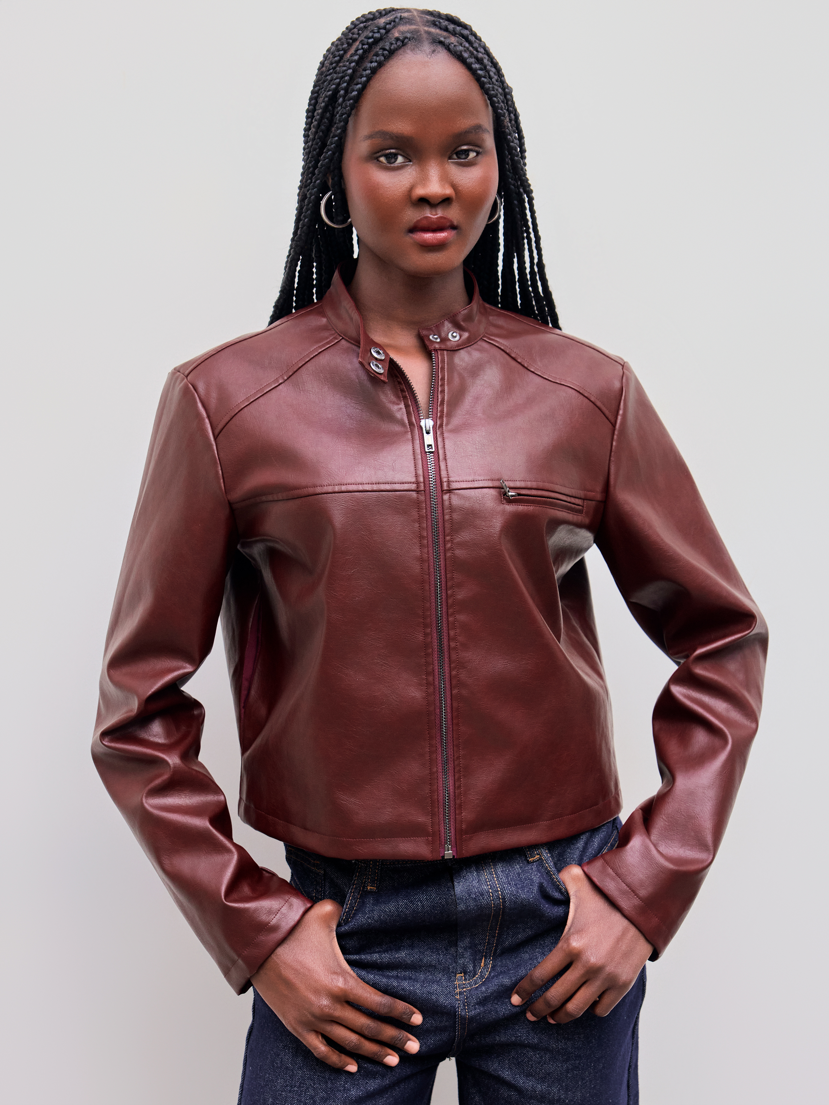 Faux Leather Stand Collar Solid Zipper Pocket Biker Jacket