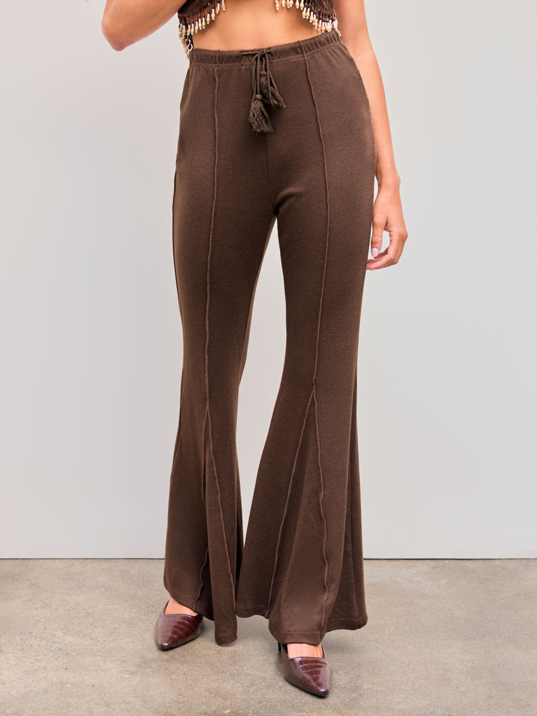 Mid Rise Solid Knotted Flared Trousers