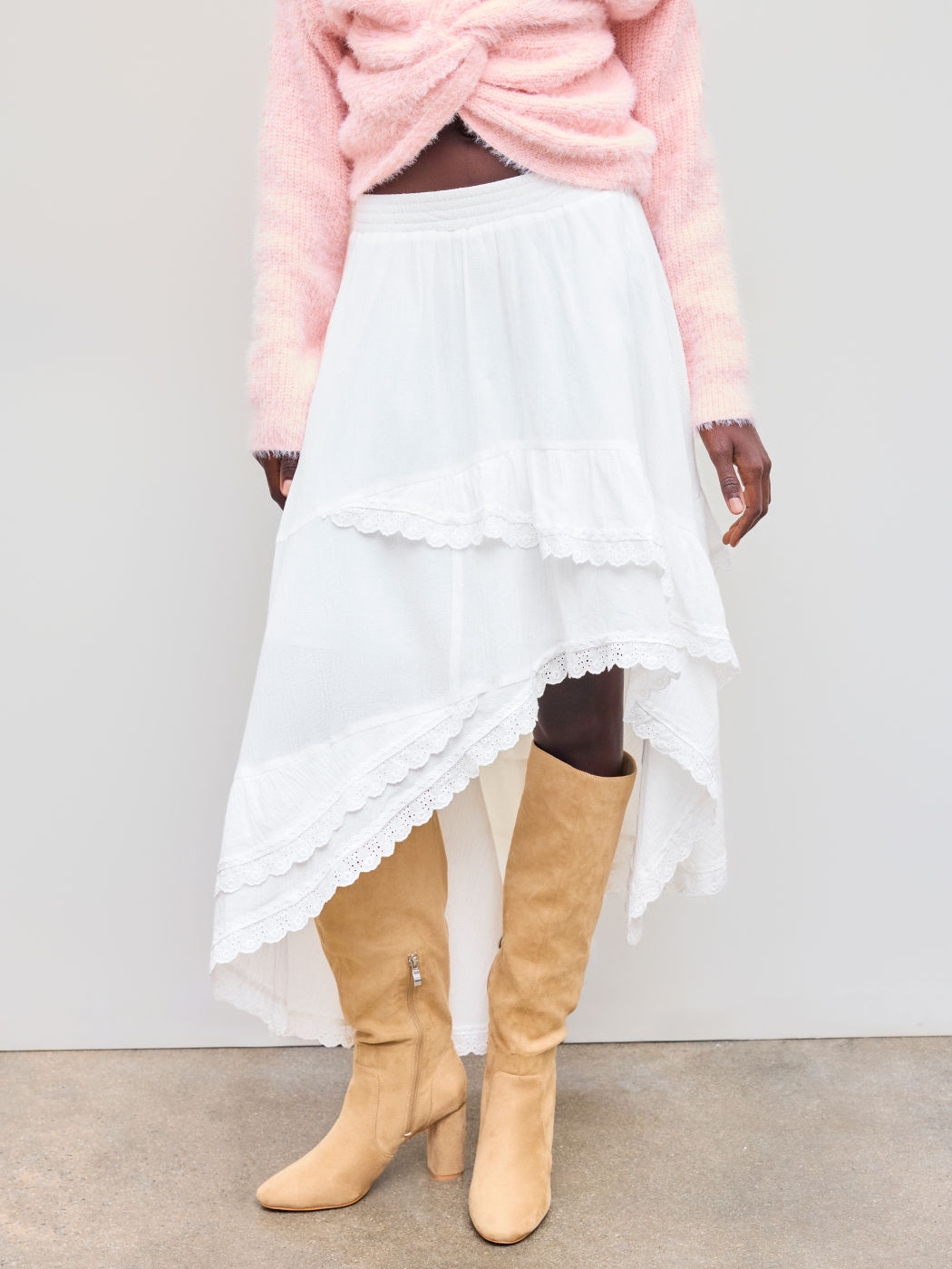 100% Cotton Mid Rise Solid Broderie Anglaise Asymmetrical Hem Ruffle Layered Maxi Skirt