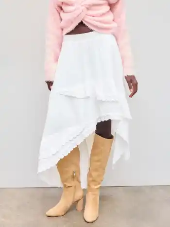 100% Cotton Mid Rise Solid Broderie Anglaise Asymmetrical Hem Ruffle Layered Maxi Skirt
