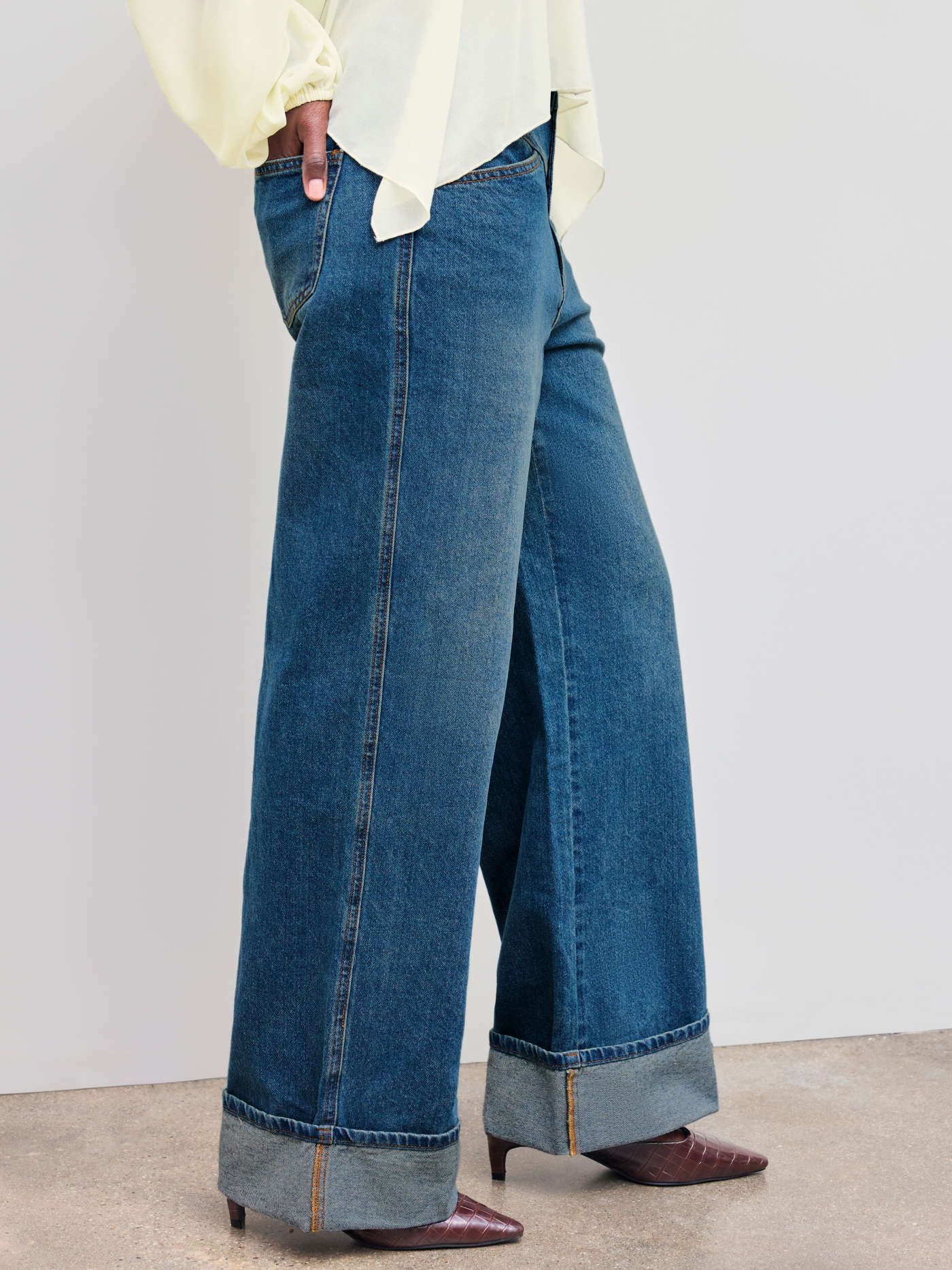Cider Denim Mid Rise Solid Roll Hem Straight Leg Jeans
