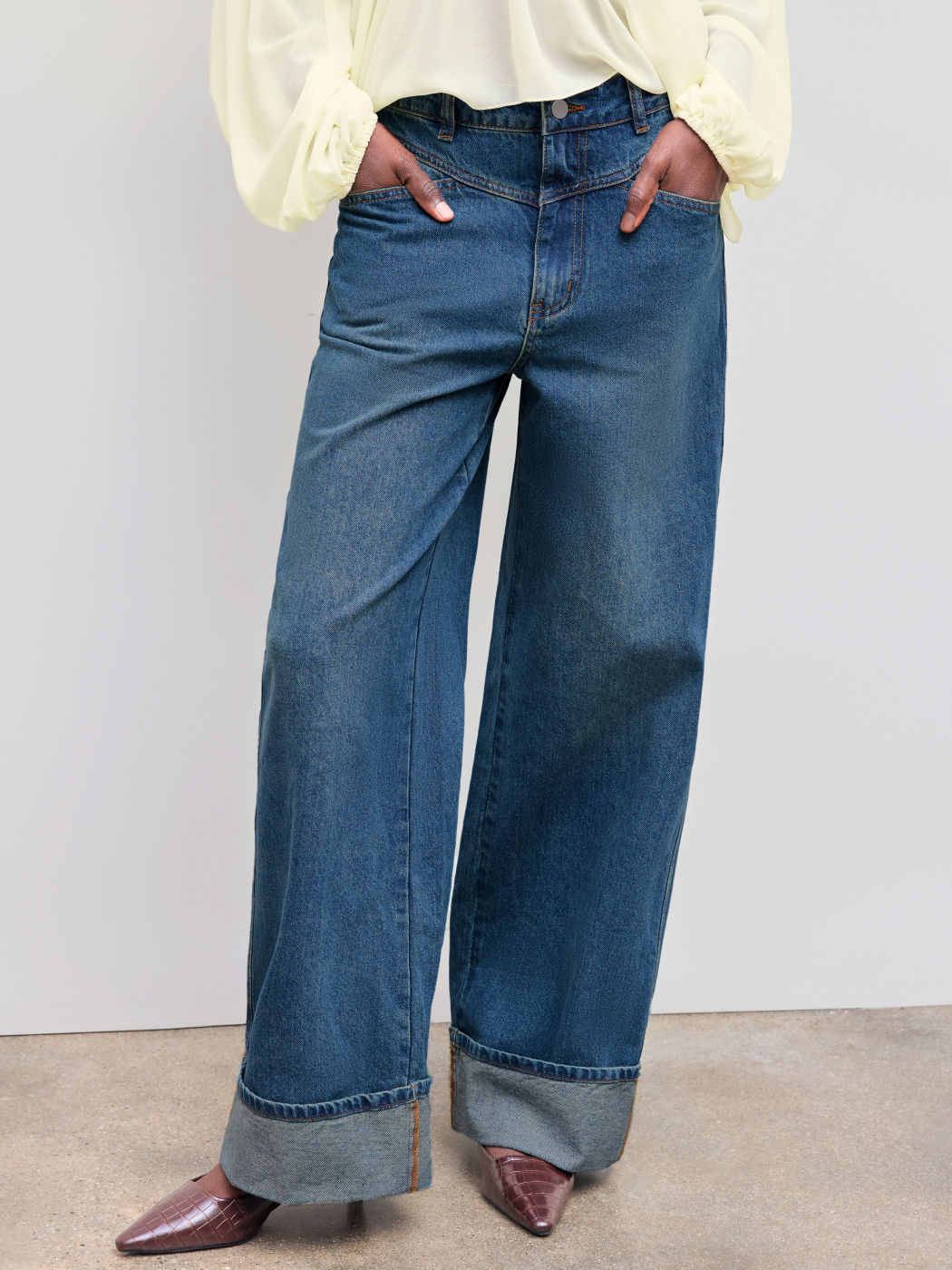 Cider Denim Mid Rise Solid Roll Hem Straight Leg Jeans