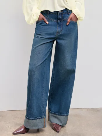 Cider Denim Mid Rise Solid Roll Hem Straight Leg Jeans