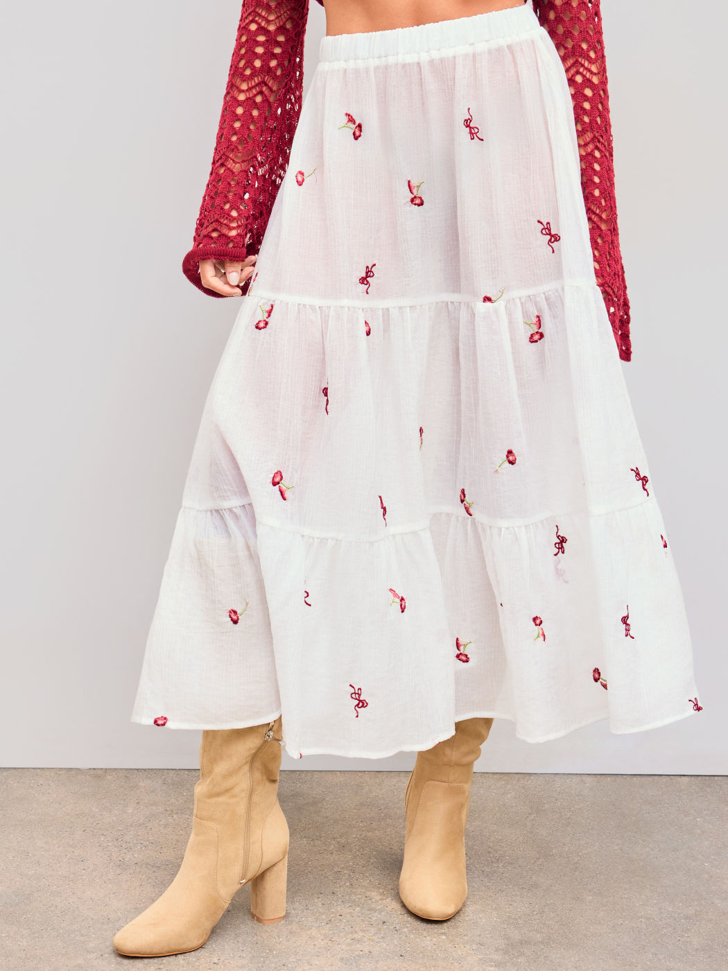 Mid Rise Floral Bowknot Embroidery Elastic Waist See-through Maxi Skirt