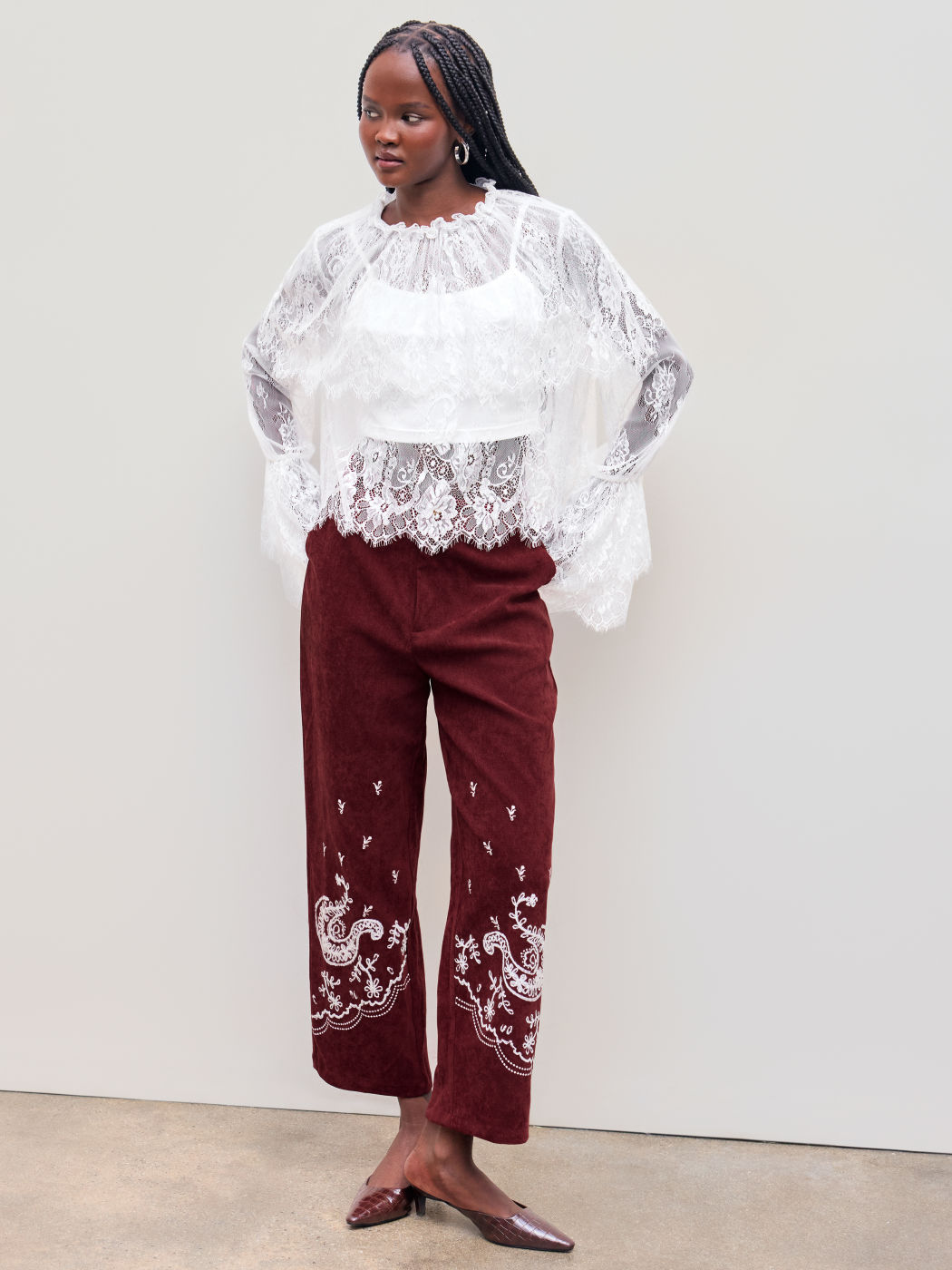 Lace High Neck Layered Long Sleeve Blouse With Solid Crop Cami Top