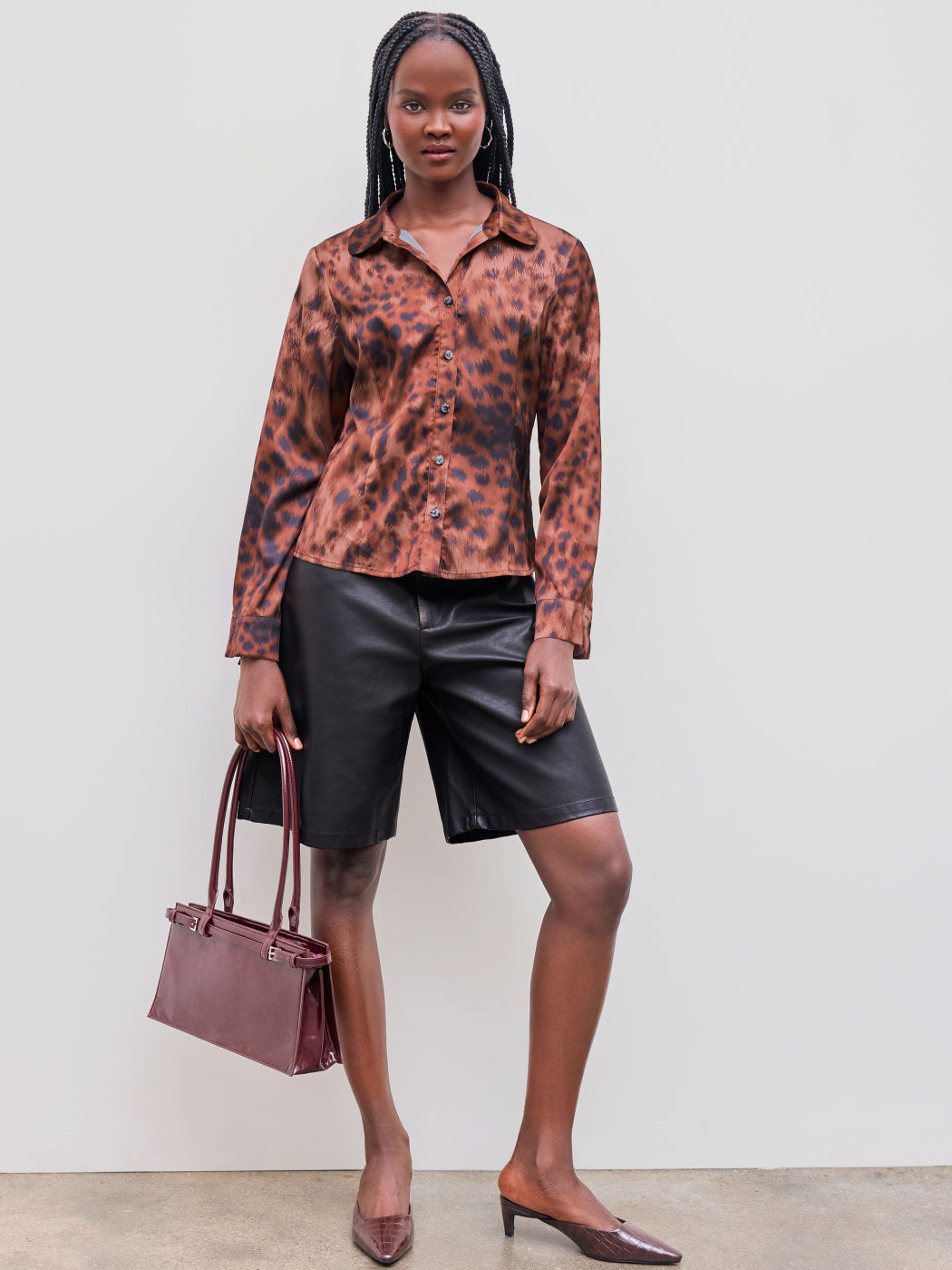 Satin Collar Leopard Long Sleeve Shirt
