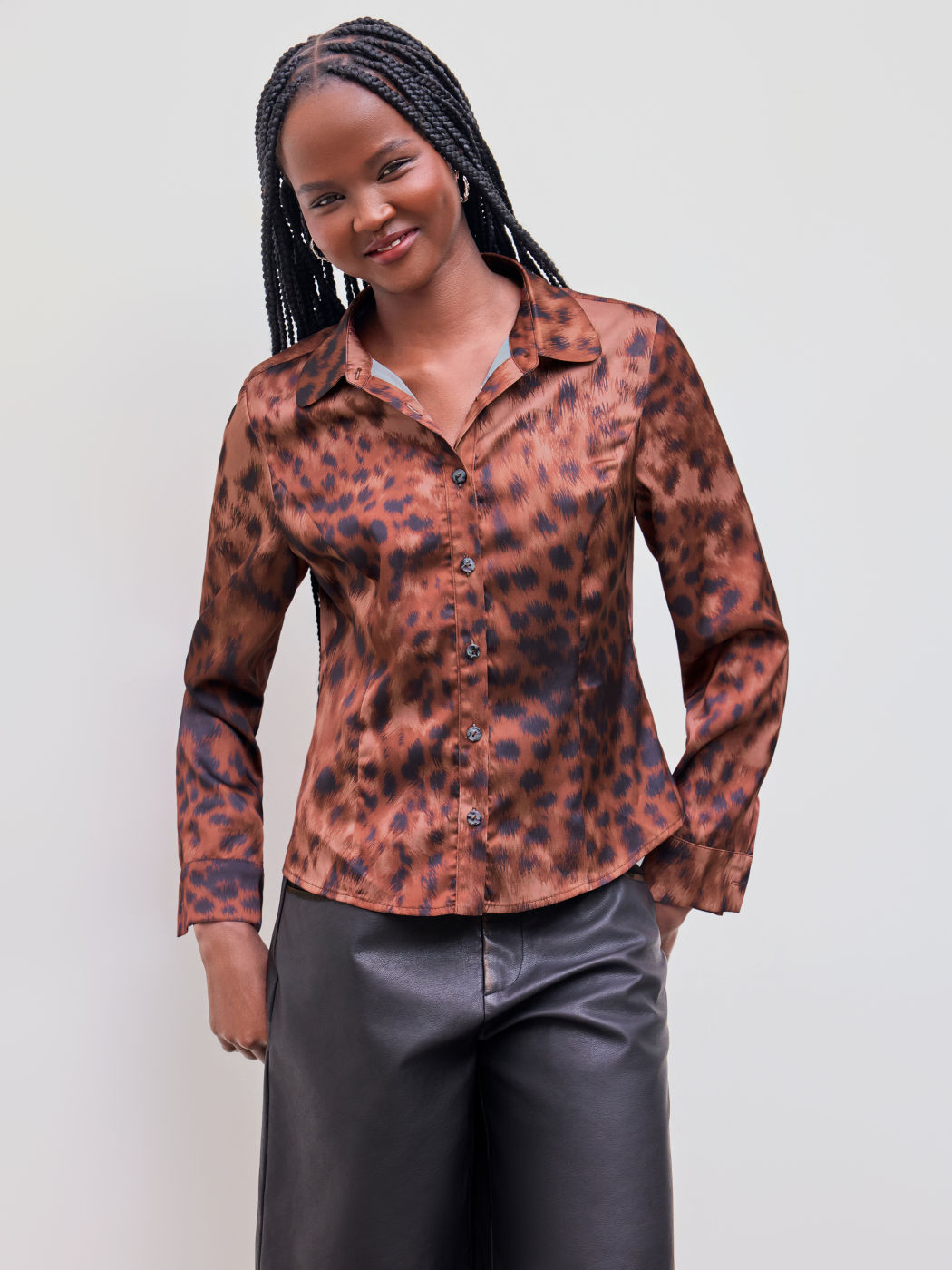 Satin Collar Leopard Long Sleeve Shirt