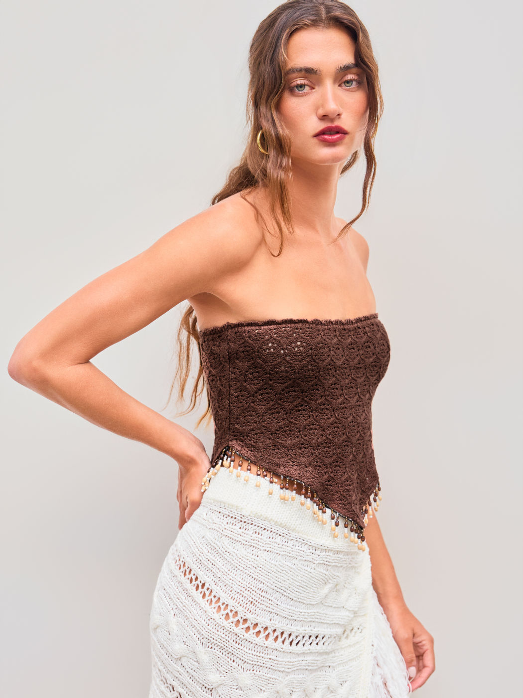 Knit Solid Beaded Fringe Lettuce Trim Crop Tube Top