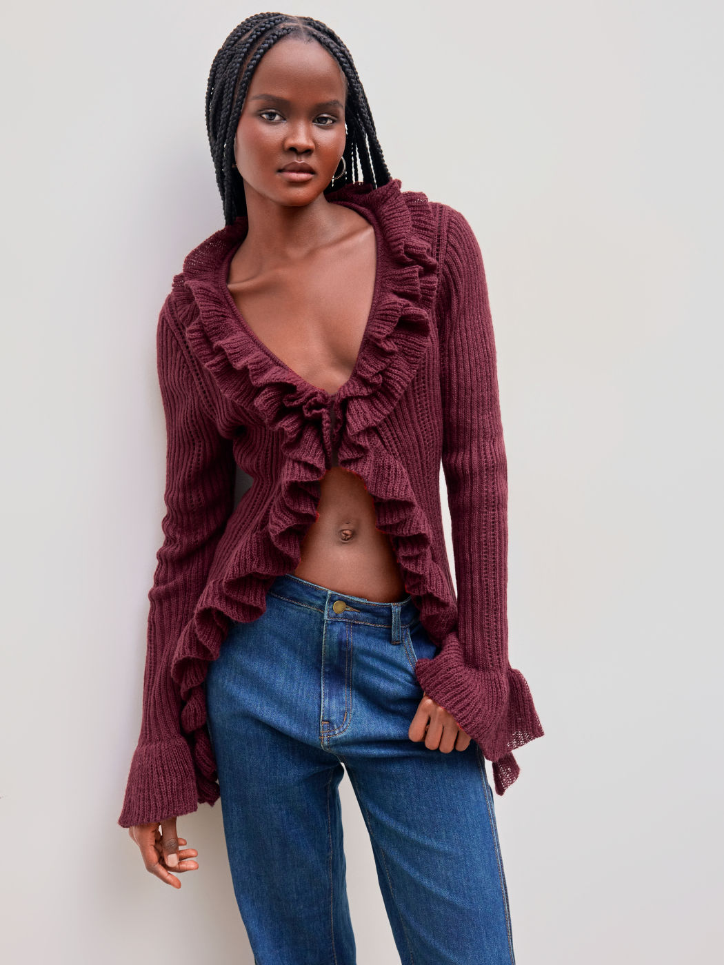 Knit V-neck Solid Lettuce Trim Split Cardigan
