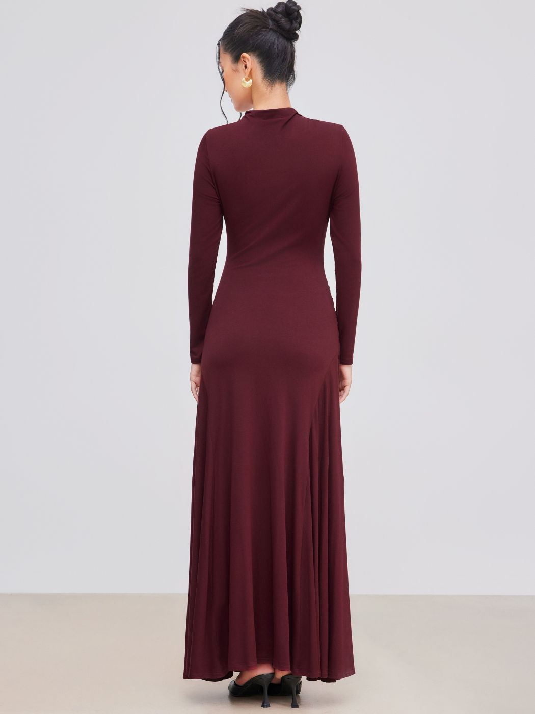High Neck Solid Ruched Ruffle Long Sleeve Maxi Dress
