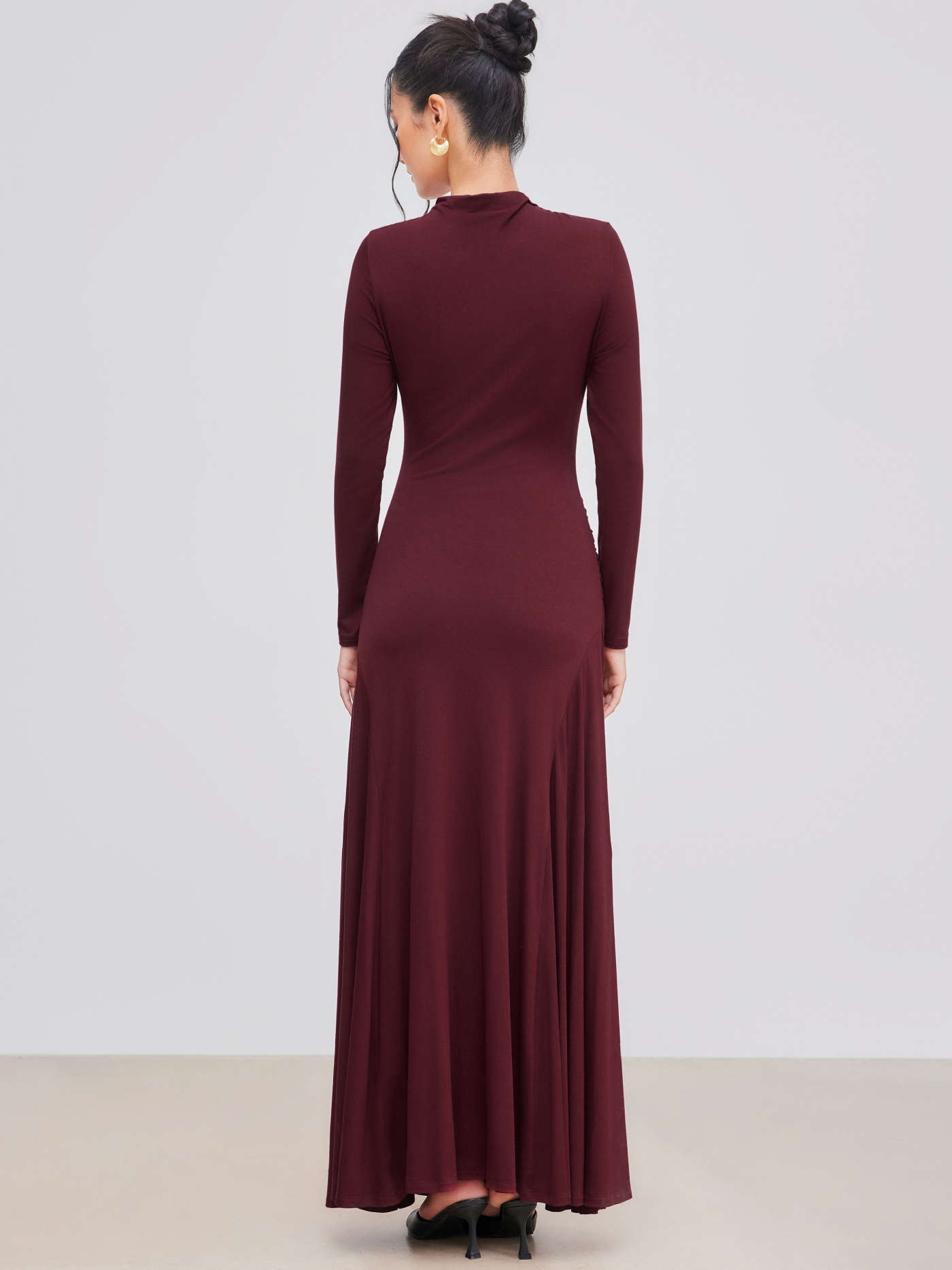 High Neck Solid Ruched Ruffle Long Sleeve Maxi Dress