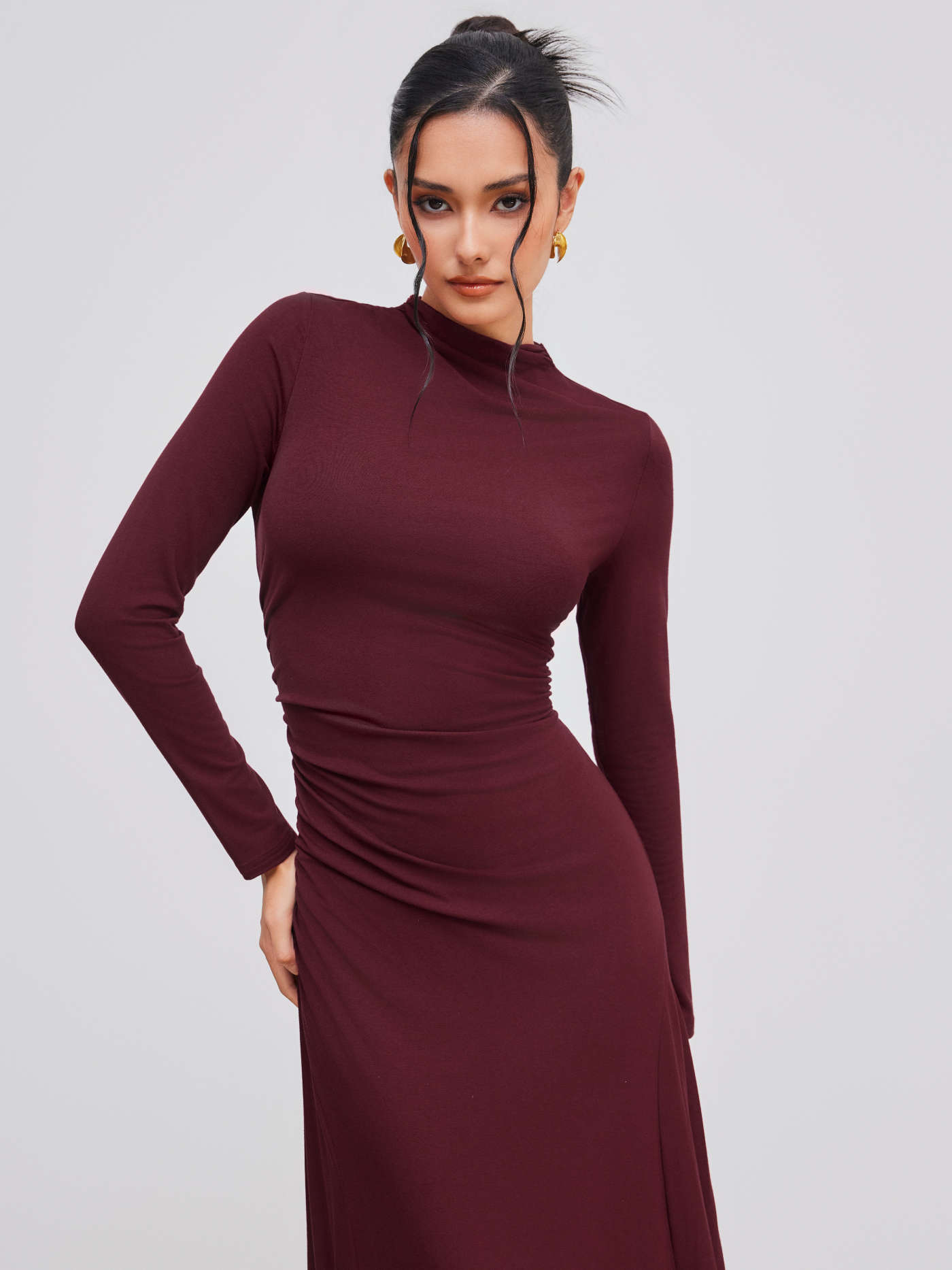 High Neck Solid Ruched Ruffle Long Sleeve Maxi Dress