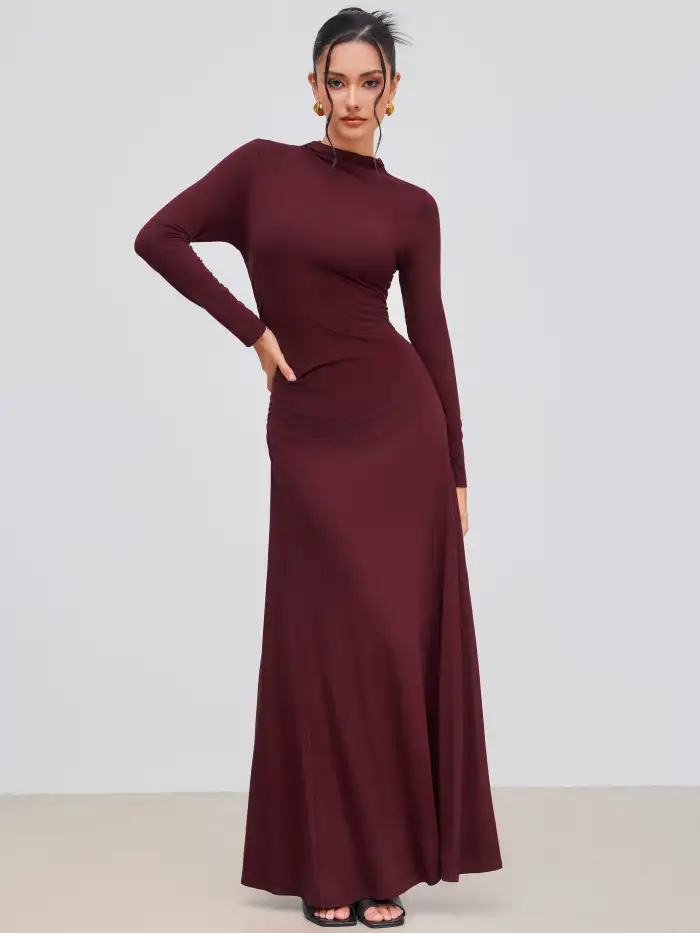 Boat Neck Long Sleeve Ruched Maxi Dress