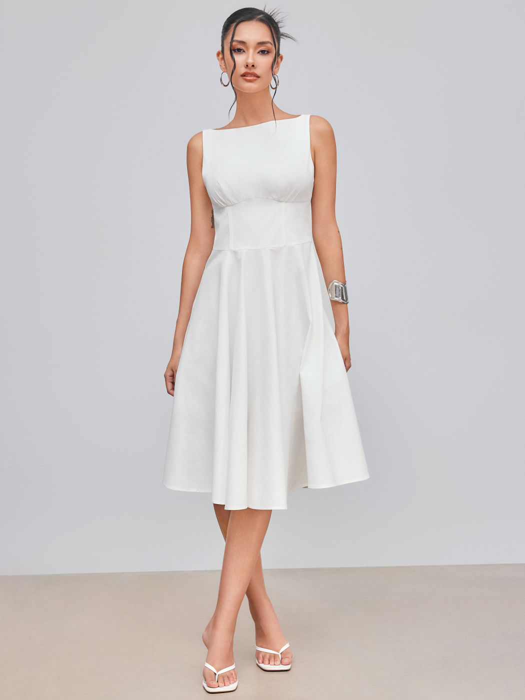 100% Cotton Boat Neck Solid Ruffle Midi Dress